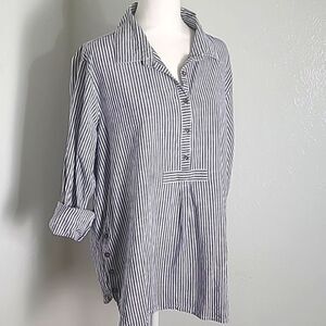 American Sweetheart Blue & White Pinstripe Blouse, Button-tab Sleeves, Sz XX